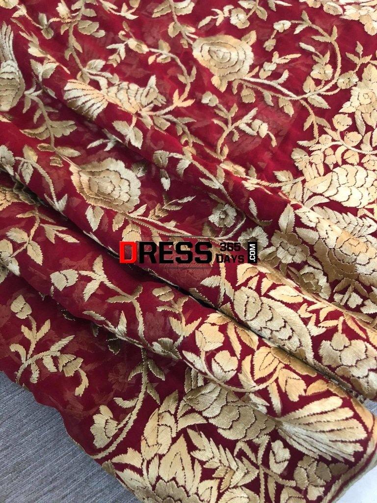 Hand Embroidered Red And Gold Parsi Gara Dupatta (Pure Georgette)