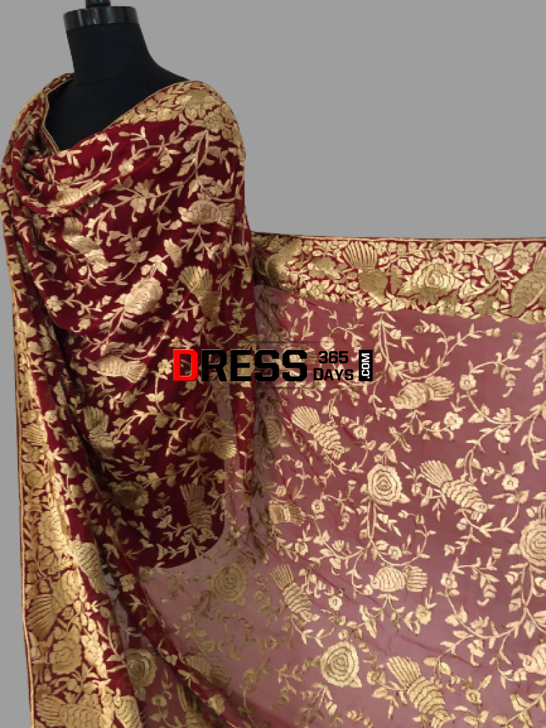 Hand Embroidered Red And Gold Parsi Gara Dupatta (Pure Georgette)