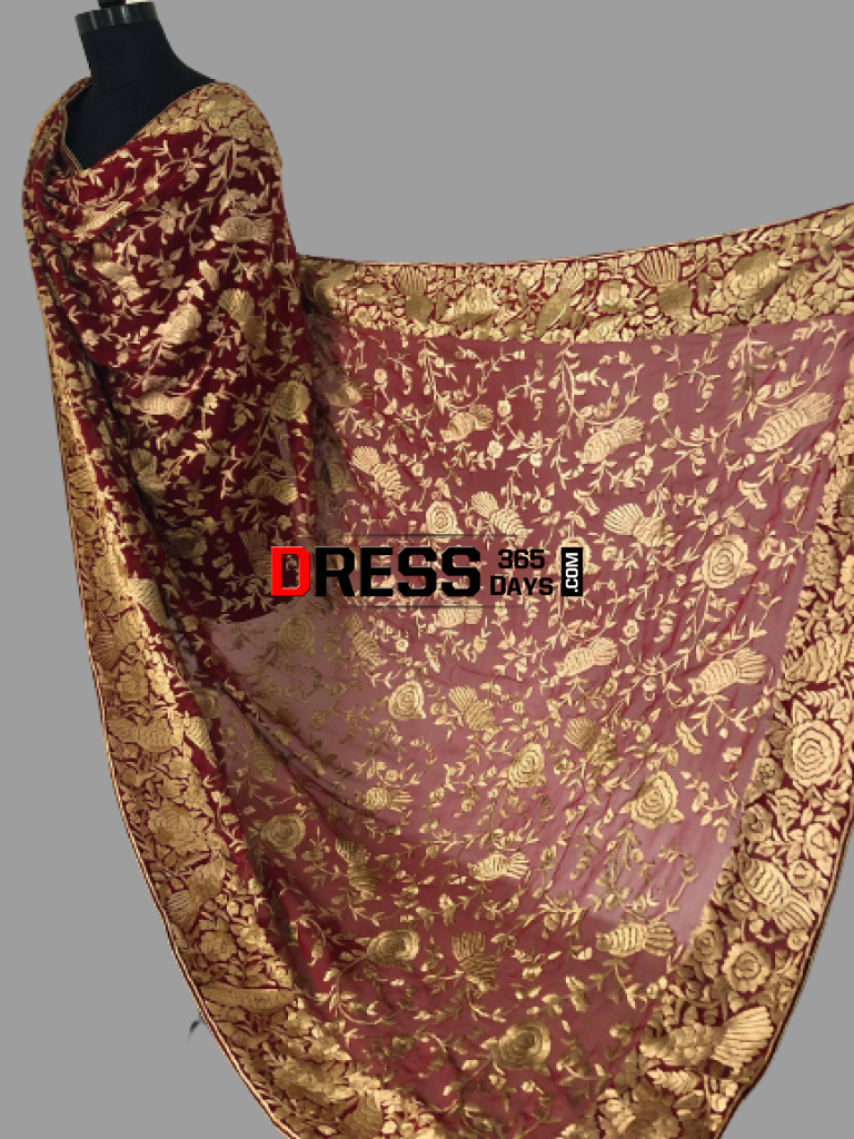 Hand Embroidered Red And Gold Parsi Gara Dupatta (Pure Georgette)