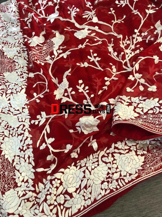 Hand Embroidered Red And Ivory Parsi Gara Dupatta (Pure Georgette)