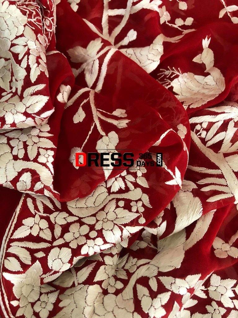 Hand Embroidered Red And Ivory Parsi Gara Dupatta (Pure Georgette)