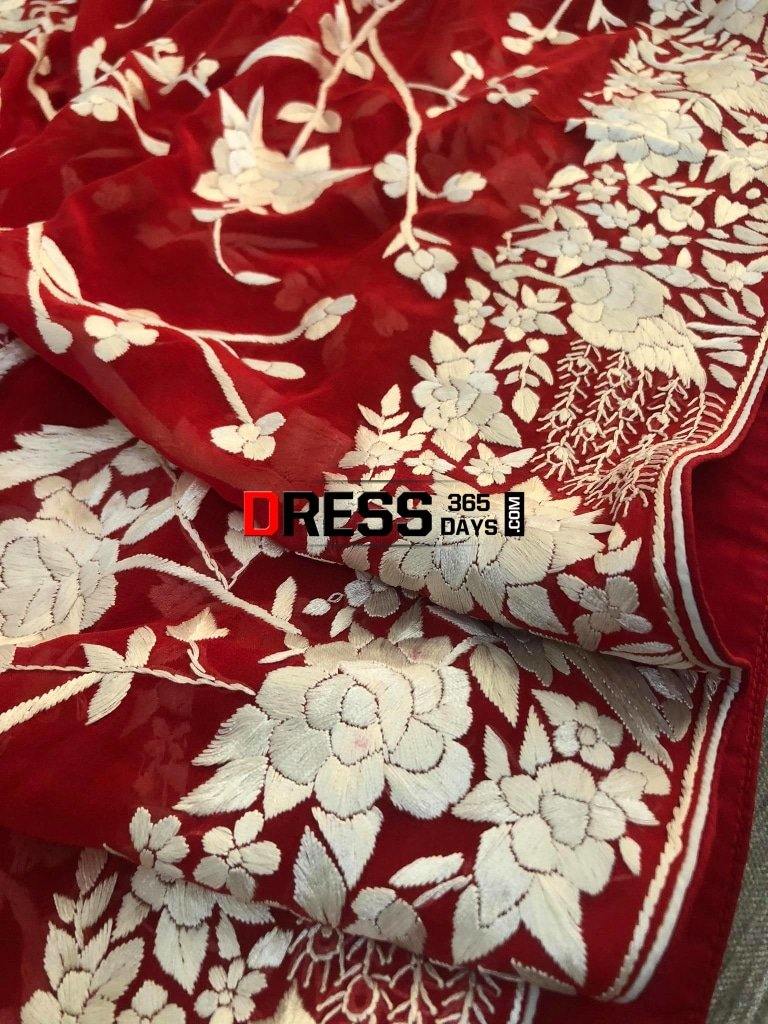 Hand Embroidered Red And Ivory Parsi Gara Dupatta (Pure Georgette)