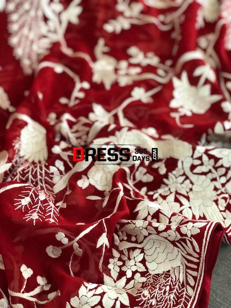 Hand Embroidered Red And Ivory Parsi Gara Dupatta (Pure Georgette)
