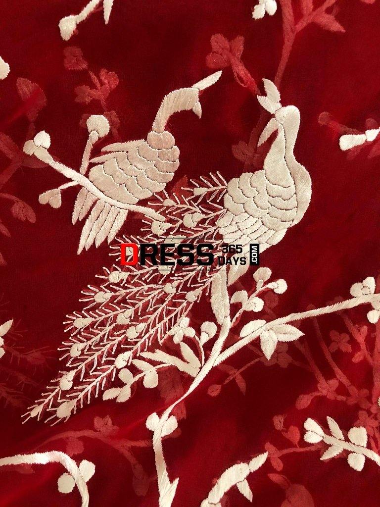 Hand Embroidered Red And Ivory Parsi Gara Dupatta (Pure Georgette)