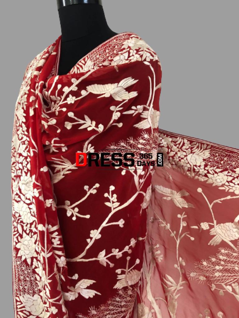 Hand Embroidered Red And Ivory Parsi Gara Dupatta (Pure Georgette)