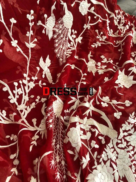 Hand Embroidered Red And Ivory Parsi Gara Dupatta (Pure Georgette)