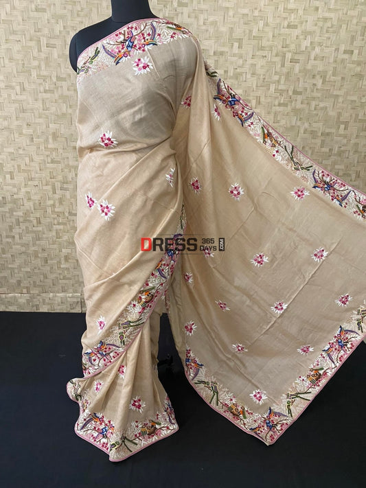 Hand Embroidered Tussar Silk French Knot Parsi Gara Saree