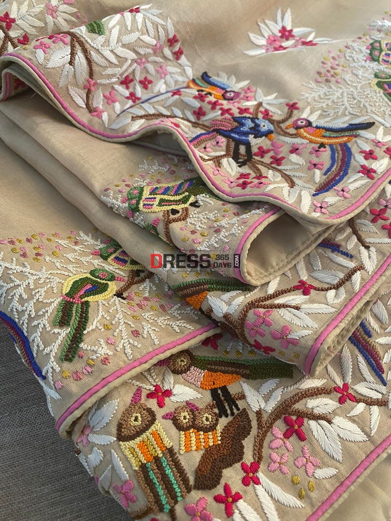 Hand Embroidered Tussar Silk French Knot Parsi Gara Saree