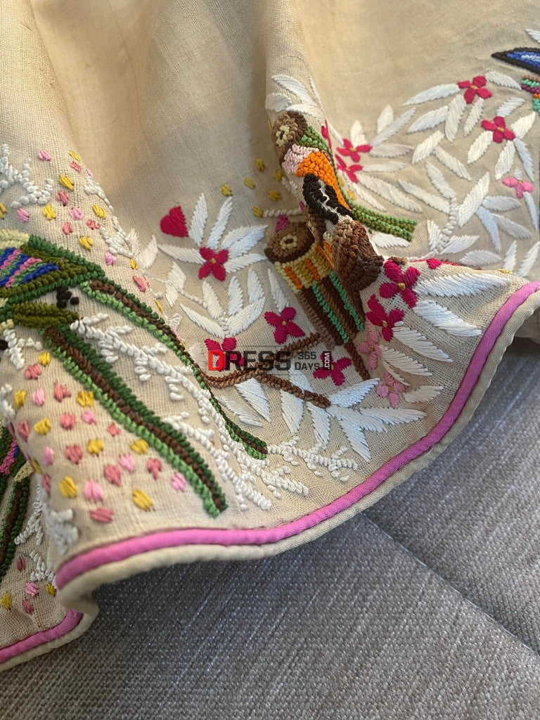 Hand Embroidered Tussar Silk French Knot Parsi Gara Saree