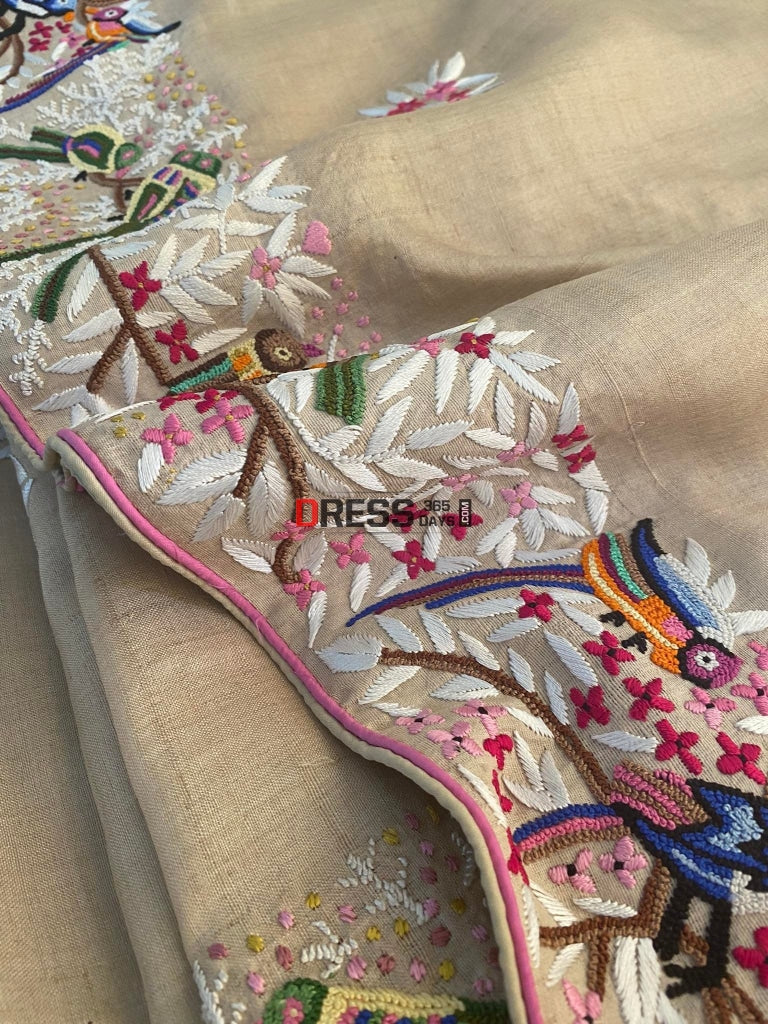 Hand Embroidered Tussar Silk French Knot Parsi Gara Saree