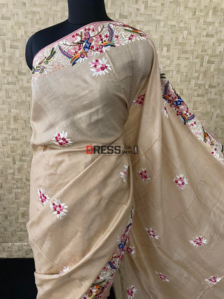 Hand Embroidered Tussar Silk French Knot Parsi Gara Saree