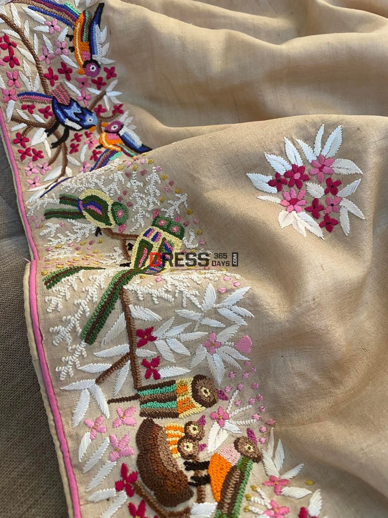 Hand Embroidered Tussar Silk French Knot Parsi Gara Saree