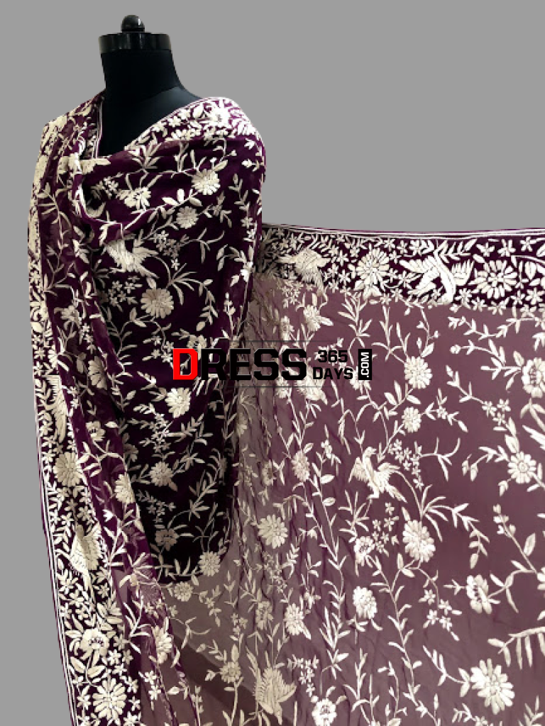 Hand Embroidered Wine Ivory Parsi Gara Dupatta