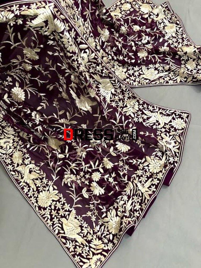 Hand Embroidered Wine Ivory Parsi Gara Dupatta