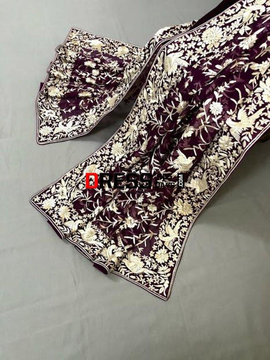 Hand Embroidered Wine Ivory Parsi Gara Dupatta