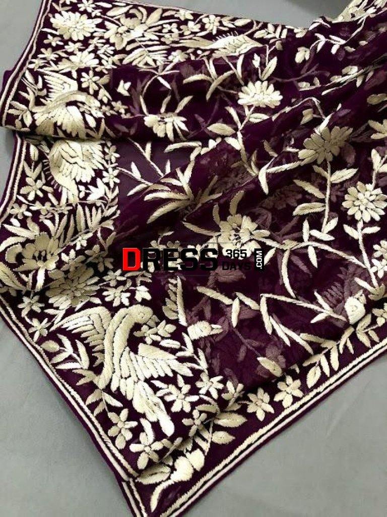 Hand Embroidered Wine Ivory Parsi Gara Dupatta