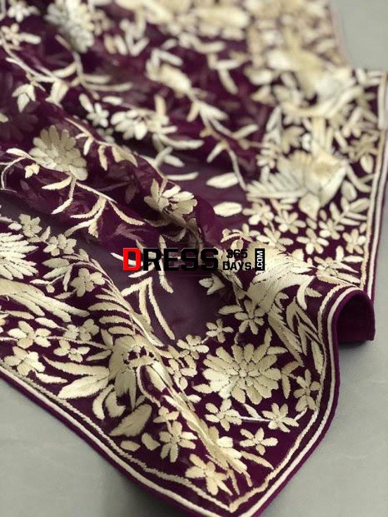 Hand Embroidered Wine Ivory Parsi Gara Dupatta
