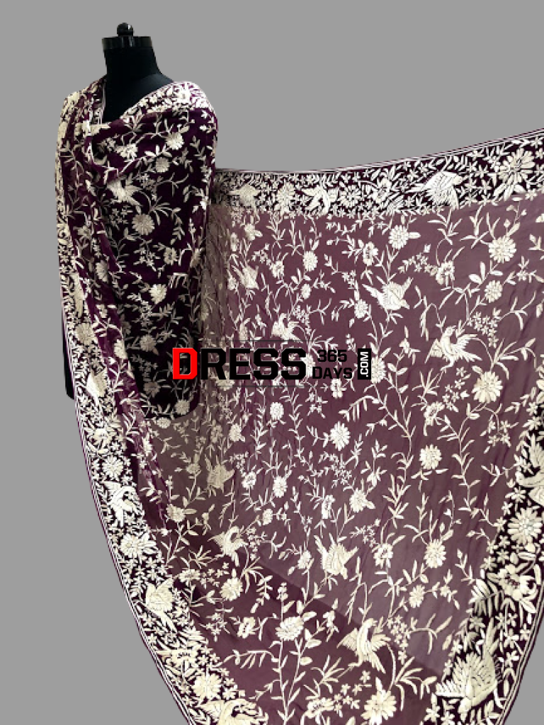 Hand Embroidered Wine Ivory Parsi Gara Dupatta