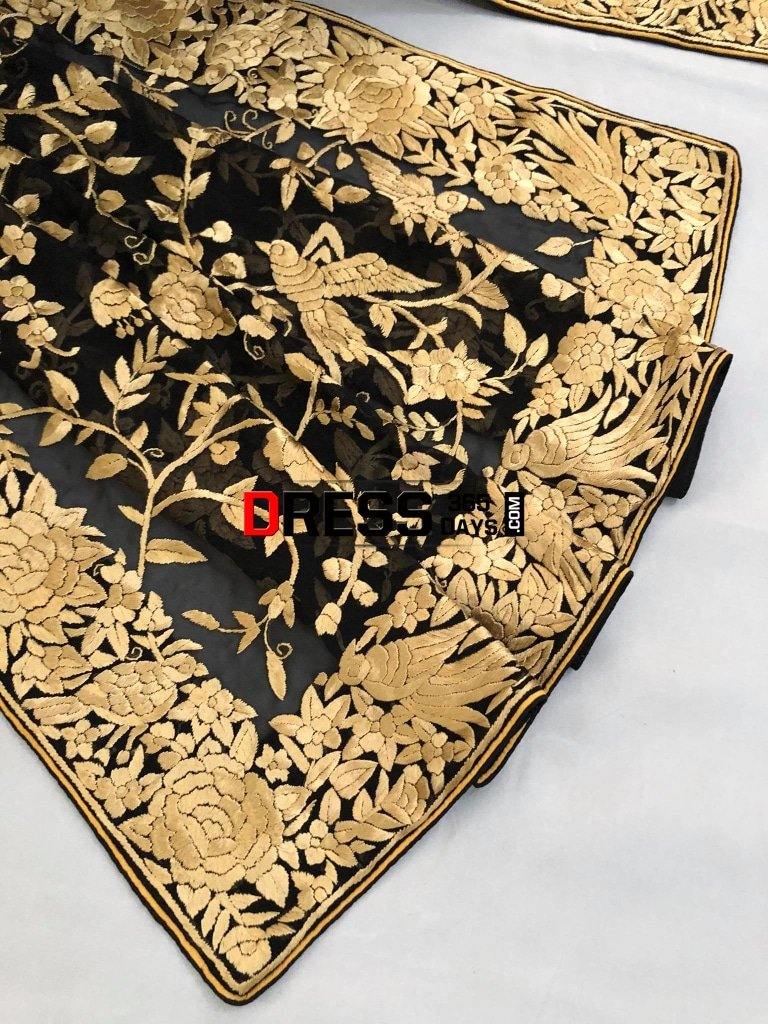 Heirloom Black And Gold Hand Embroidered Parsi Gara Dupatta