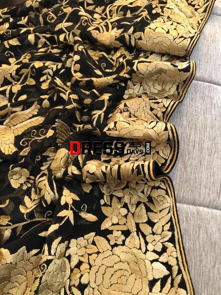Heirloom Black And Gold Hand Embroidered Parsi Gara Dupatta