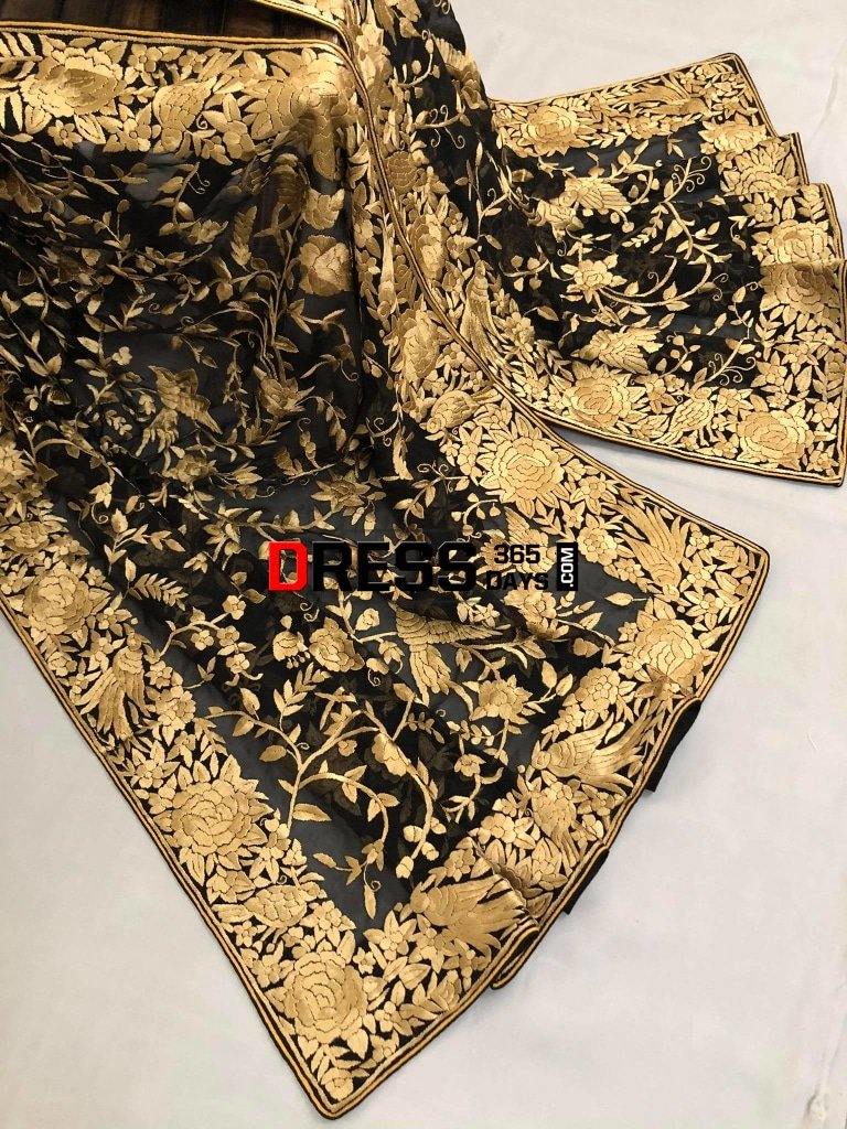 Heirloom Black And Gold Hand Embroidered Parsi Gara Dupatta