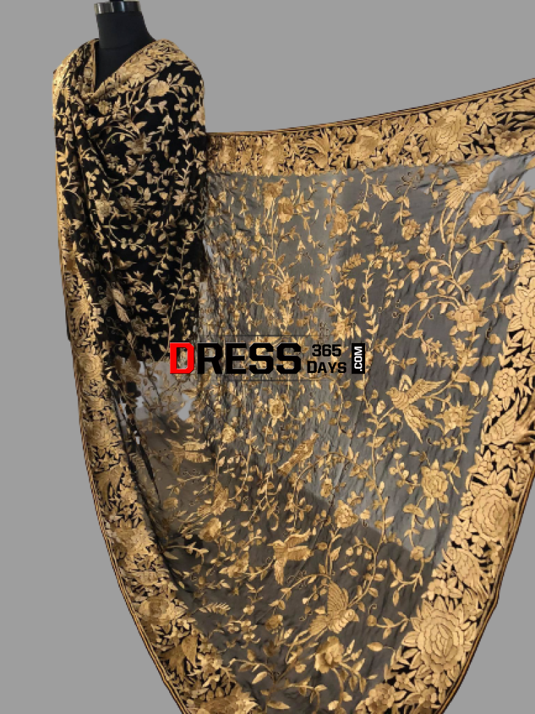 Heirloom Black And Gold Hand Embroidered Parsi Gara Dupatta