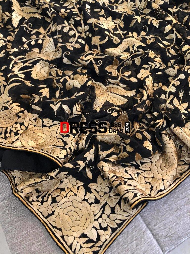 Heirloom Black And Gold Hand Embroidered Parsi Gara Dupatta