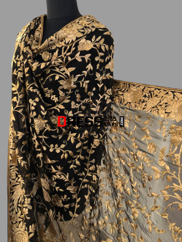 Heirloom Black And Gold Hand Embroidered Parsi Gara Dupatta