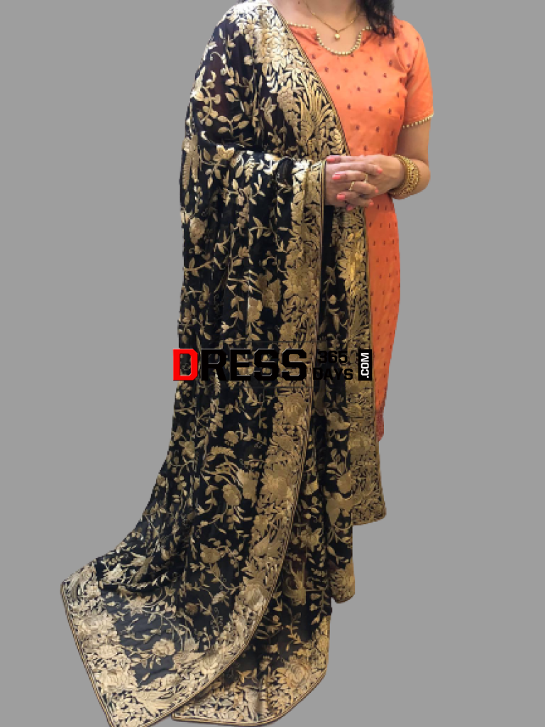 Heirloom Black And Gold Hand Embroidered Parsi Gara Dupatta