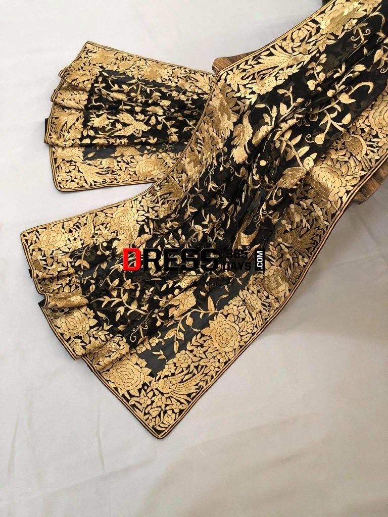 Heirloom Black And Gold Hand Embroidered Parsi Gara Dupatta