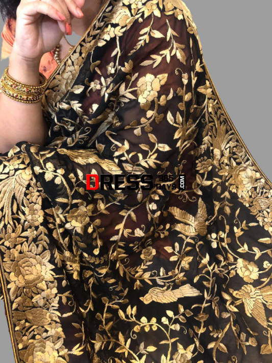 Heirloom Black And Gold Hand Embroidered Parsi Gara Dupatta