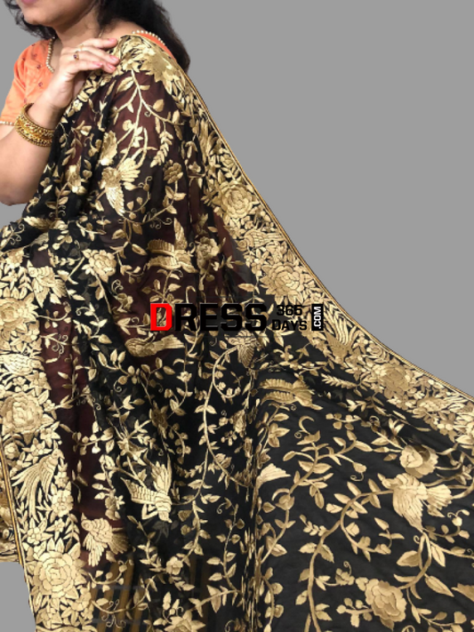 Heirloom Black And Gold Hand Embroidered Parsi Gara Dupatta