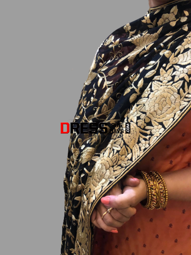 Heirloom Black And Gold Hand Embroidered Parsi Gara Dupatta