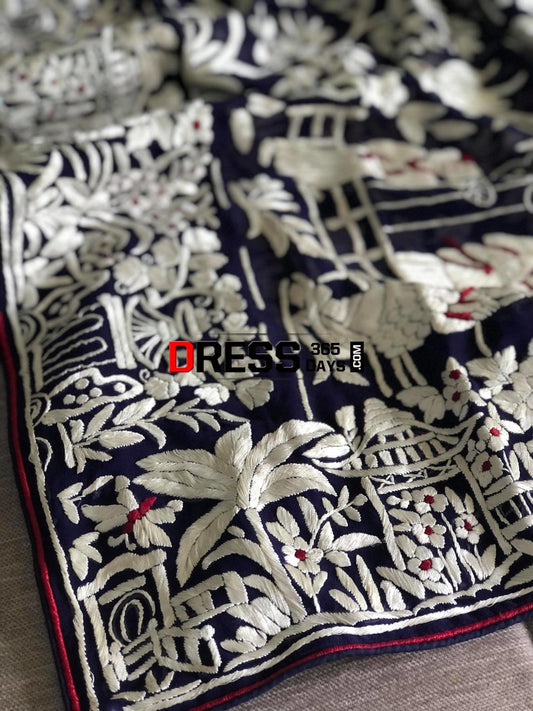 Heirloom Designer Navy Ivory Parsi Gara Dupatta