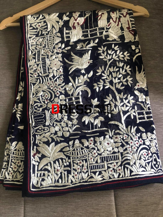 Heirloom Designer Navy Ivory Parsi Gara Dupatta