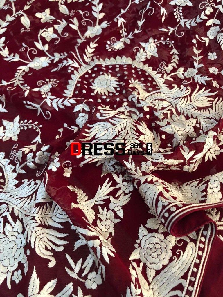 Heirloom Hand Embroidered Maroon And Ivory Parsi Gara Dupatta