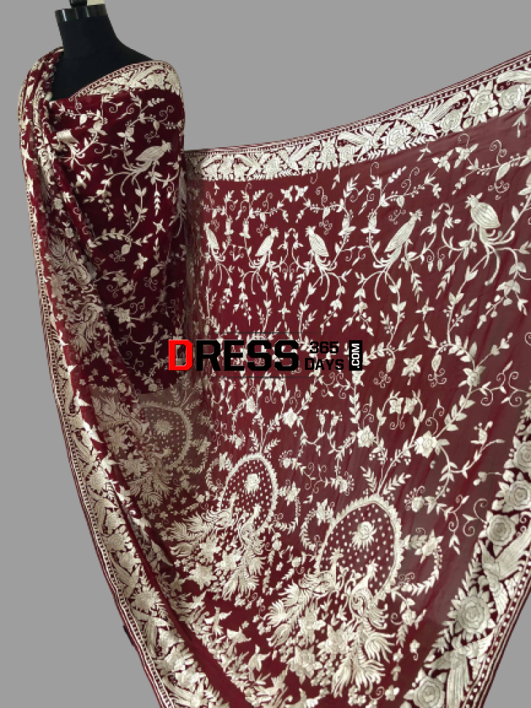 Heirloom Hand Embroidered Maroon And Ivory Parsi Gara Dupatta