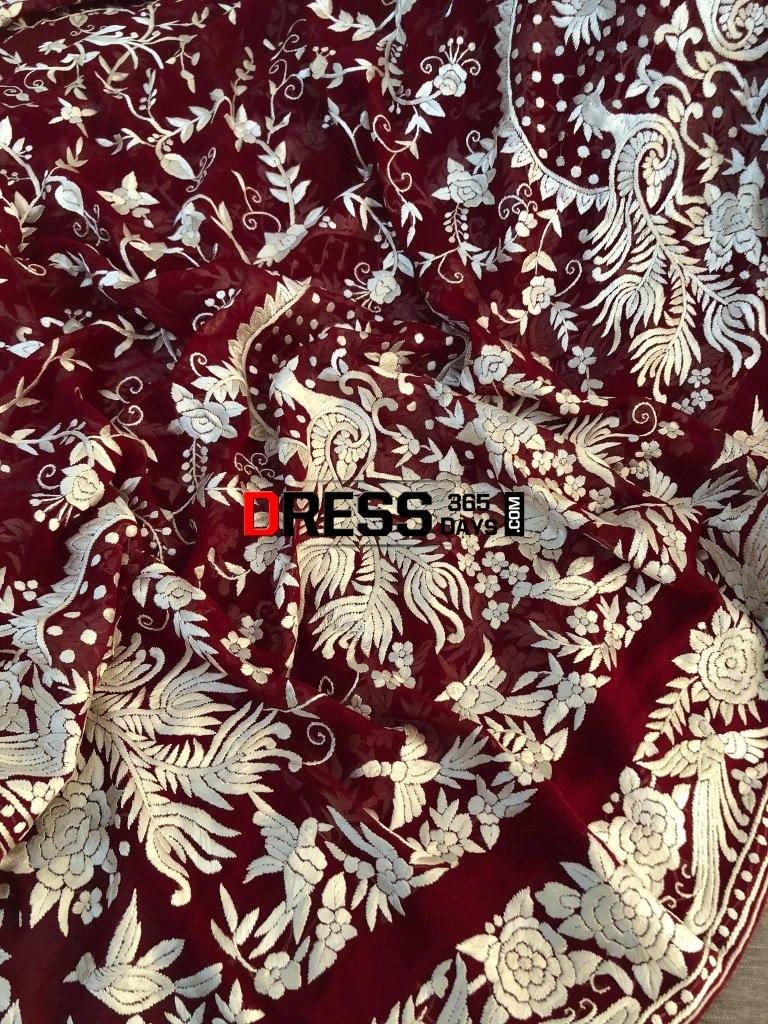 Heirloom Hand Embroidered Maroon And Ivory Parsi Gara Dupatta