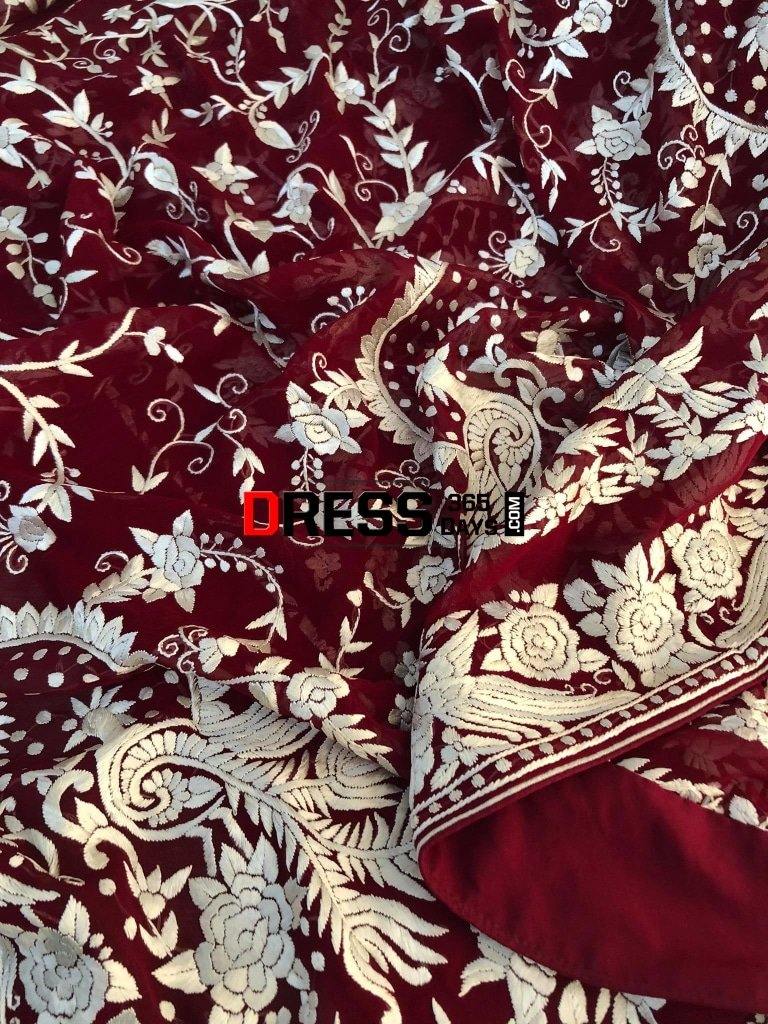 Heirloom Hand Embroidered Maroon And Ivory Parsi Gara Dupatta