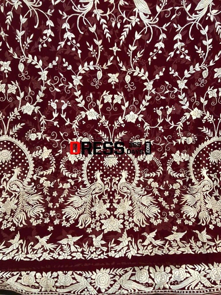 Heirloom Hand Embroidered Maroon And Ivory Parsi Gara Dupatta