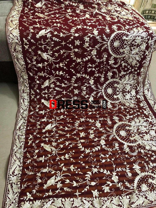 Heirloom Hand Embroidered Maroon And Ivory Parsi Gara Dupatta