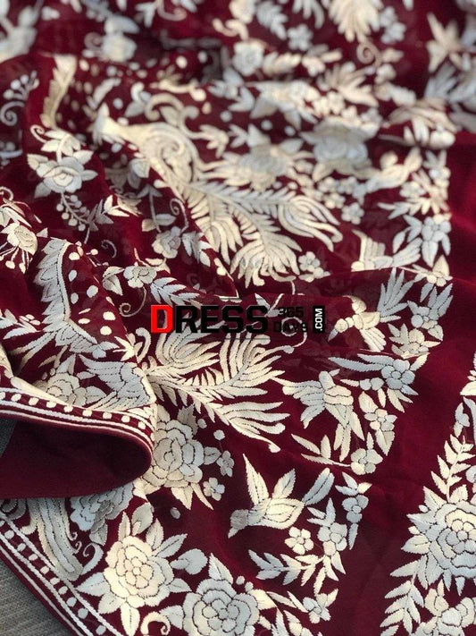 Heirloom Hand Embroidered Maroon And Ivory Parsi Gara Dupatta