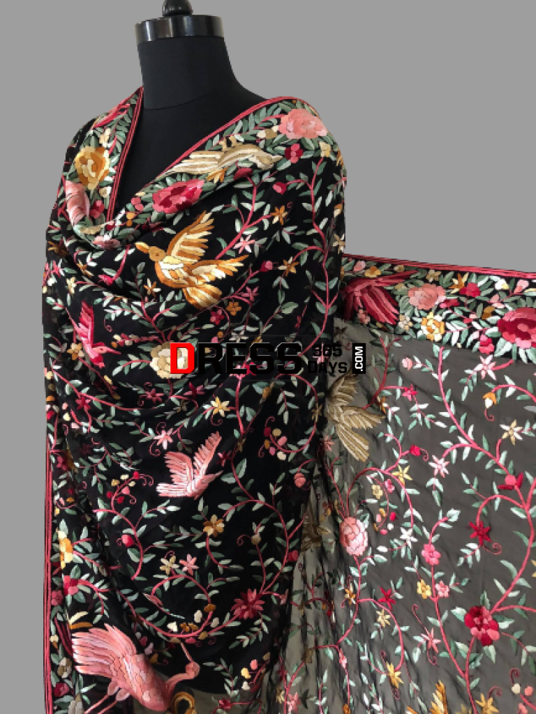 Heirloom Hand Embroidered Multicolour Parsi Gara Dupatta