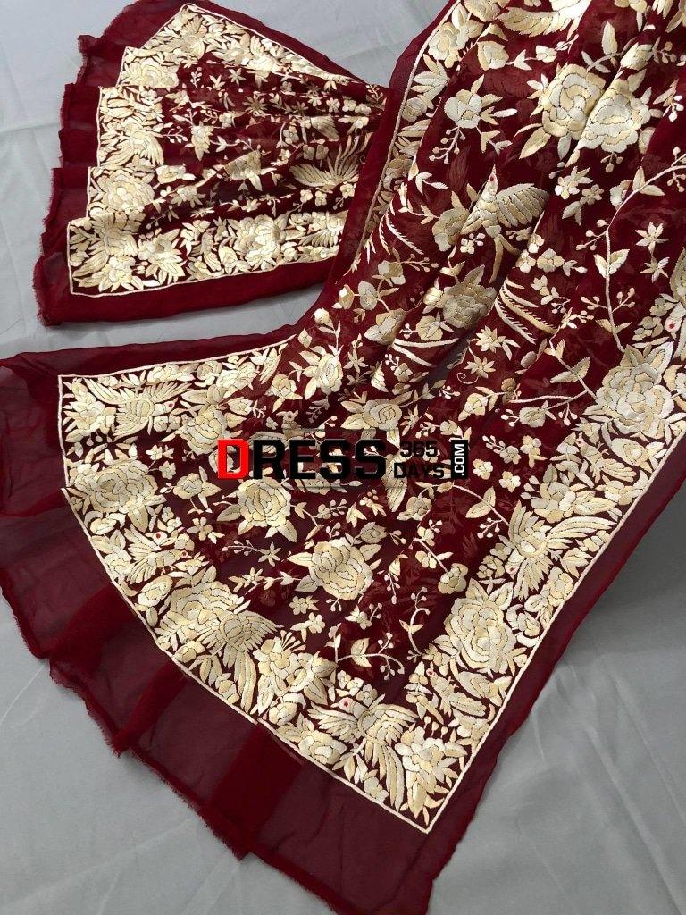 Heirloom Hand Embroidered Red And Ivory Parsi Gara Dupatta