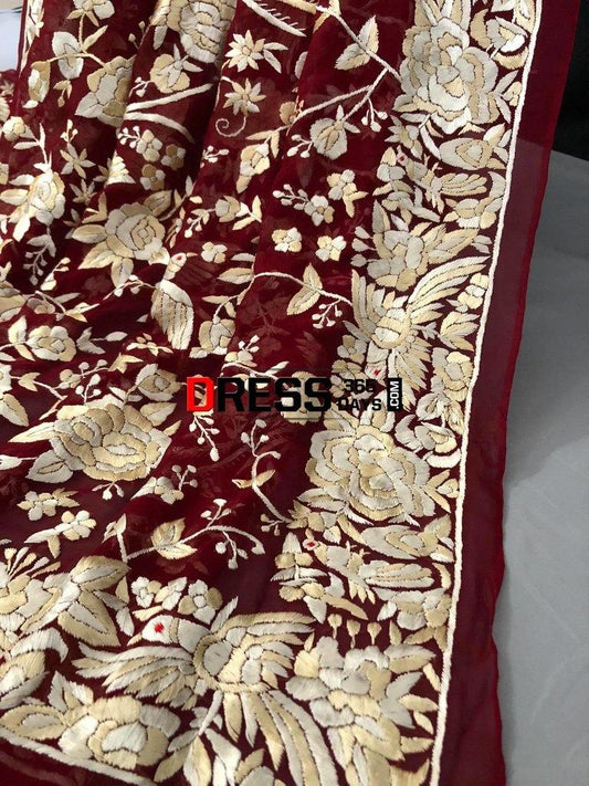 Heirloom Hand Embroidered Red And Ivory Parsi Gara Dupatta
