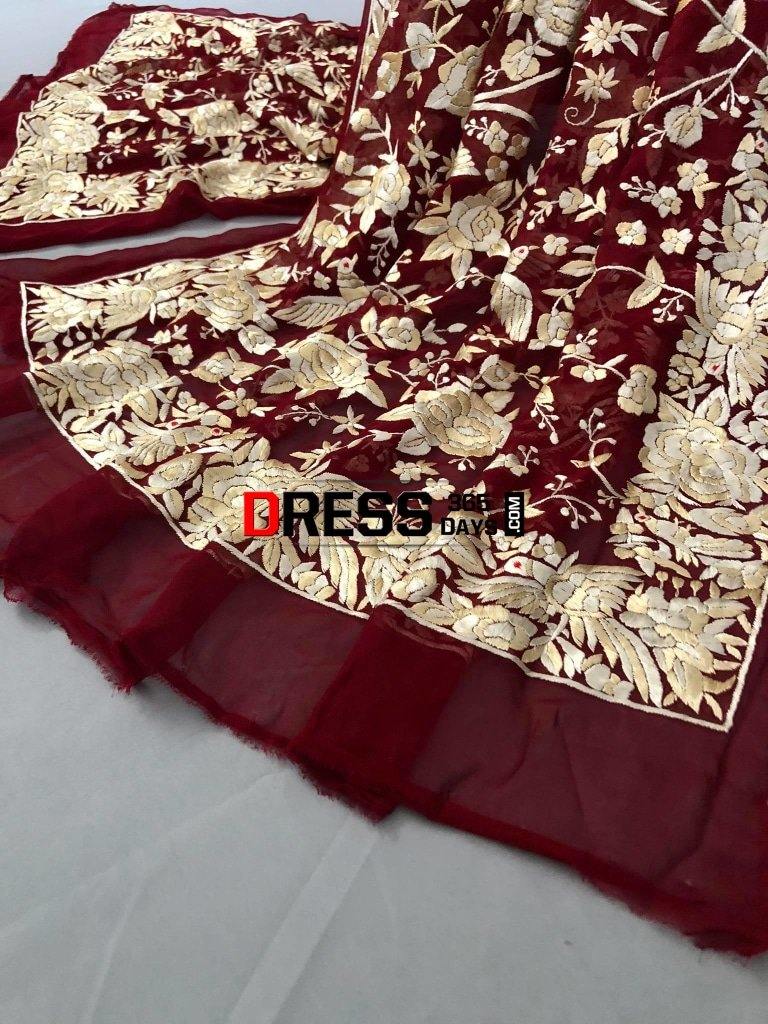Heirloom Hand Embroidered Red And Ivory Parsi Gara Dupatta