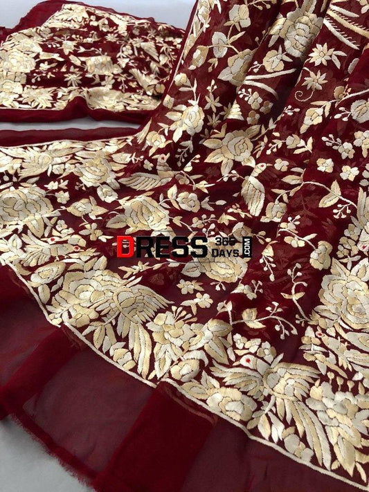 Heirloom Hand Embroidered Red And Ivory Parsi Gara Dupatta