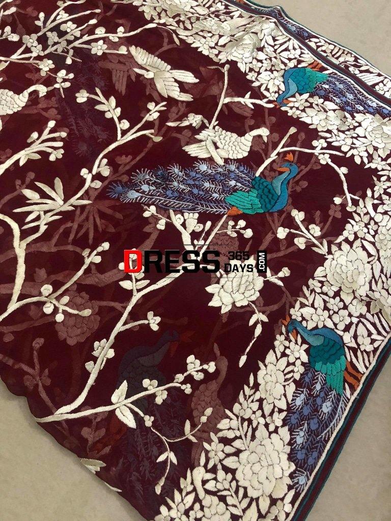 Heirloom Maroon Hand Embroidered Parsi Gara Dupatta