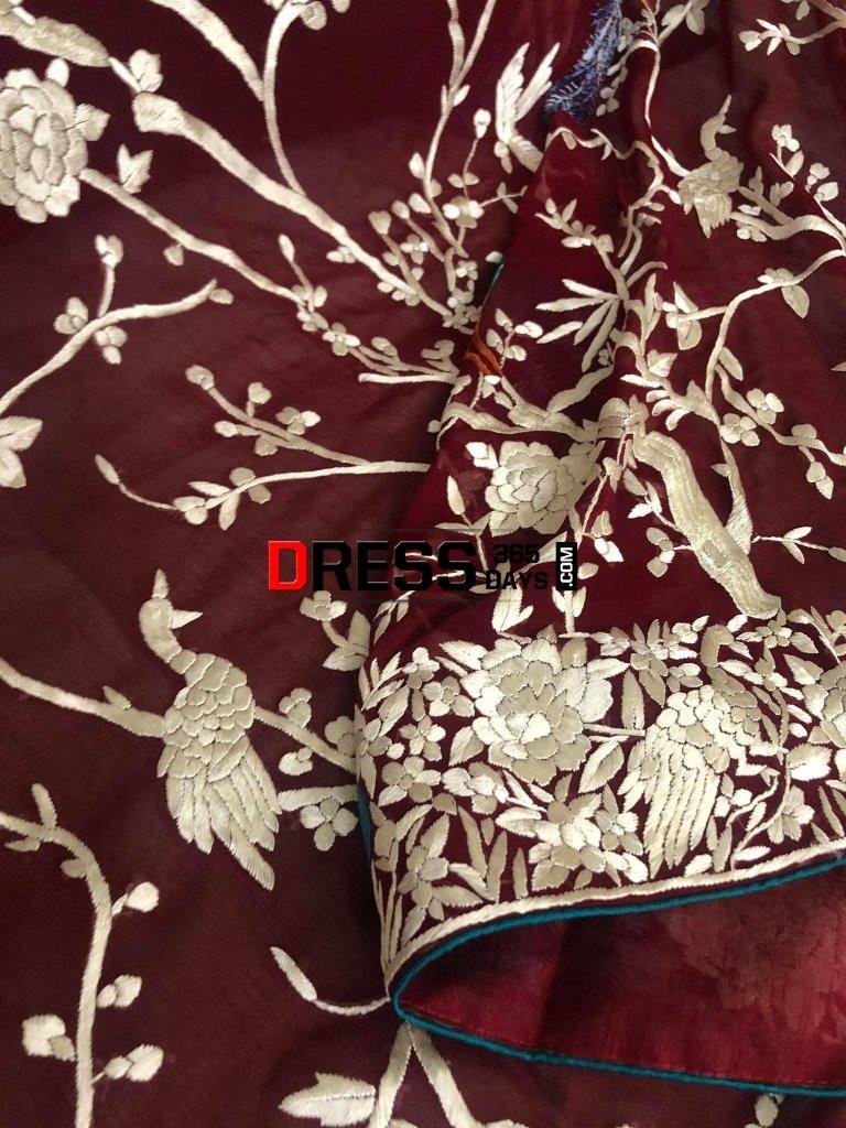 Heirloom Maroon Hand Embroidered Parsi Gara Dupatta