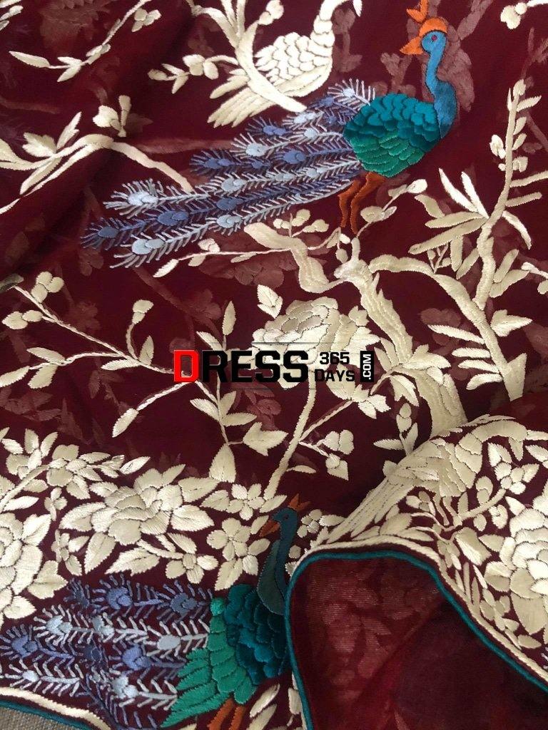 Heirloom Maroon Hand Embroidered Parsi Gara Dupatta